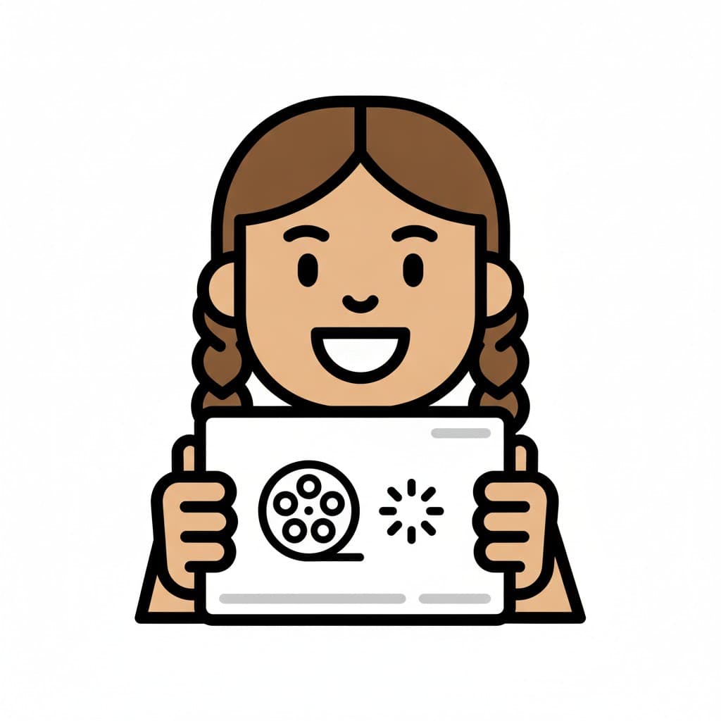 A close-up of a smiling girl with braids holding up a tablet that shows a film reel and a loading symbol.