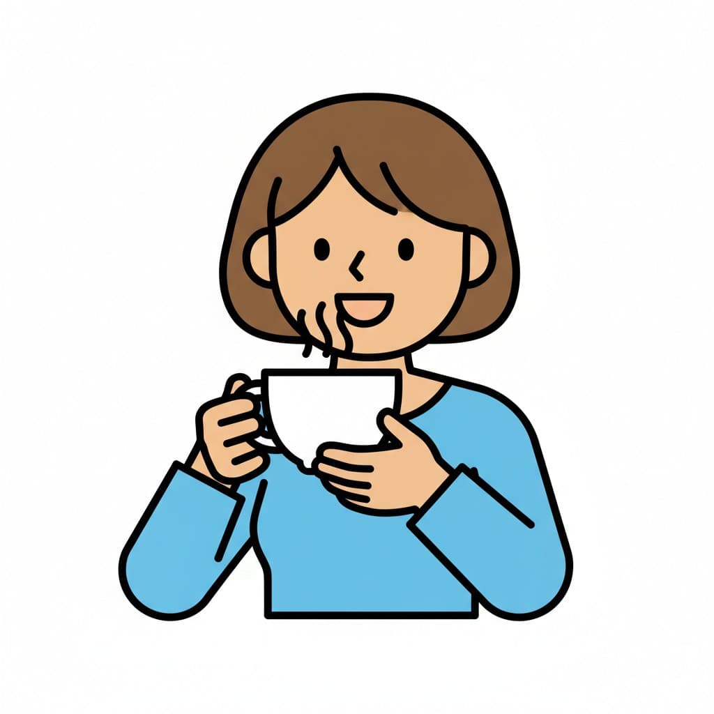 A girl holds a cup and drinks a hot beverage.