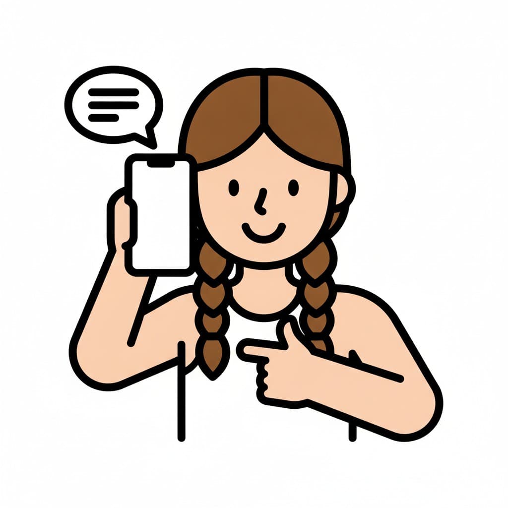En flicka med flätor håller upp en mobiltelefon och pekar på den, och bredvid syns en pratbubbla med ett meddelande.