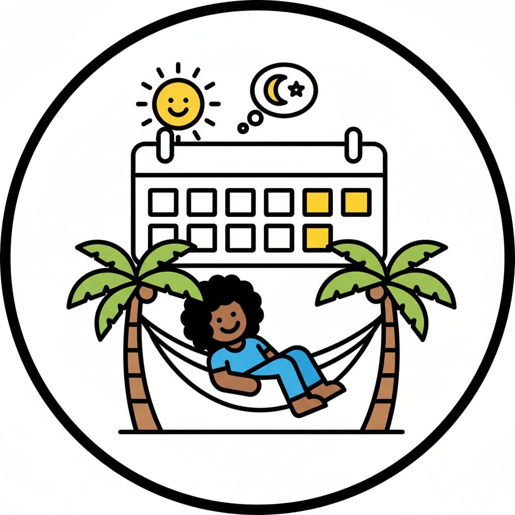 Inside a round frame, a girl rests in a hammock between two palm trees while a large calendar behind her marks the weekend days in yellow.