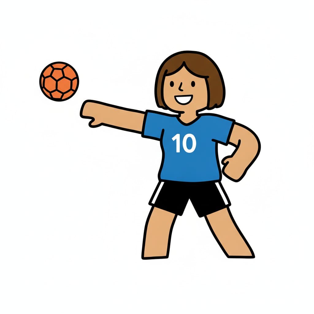 En flicka i blå matchtröja med siffran 10 har just kastat iväg en orange handboll.
