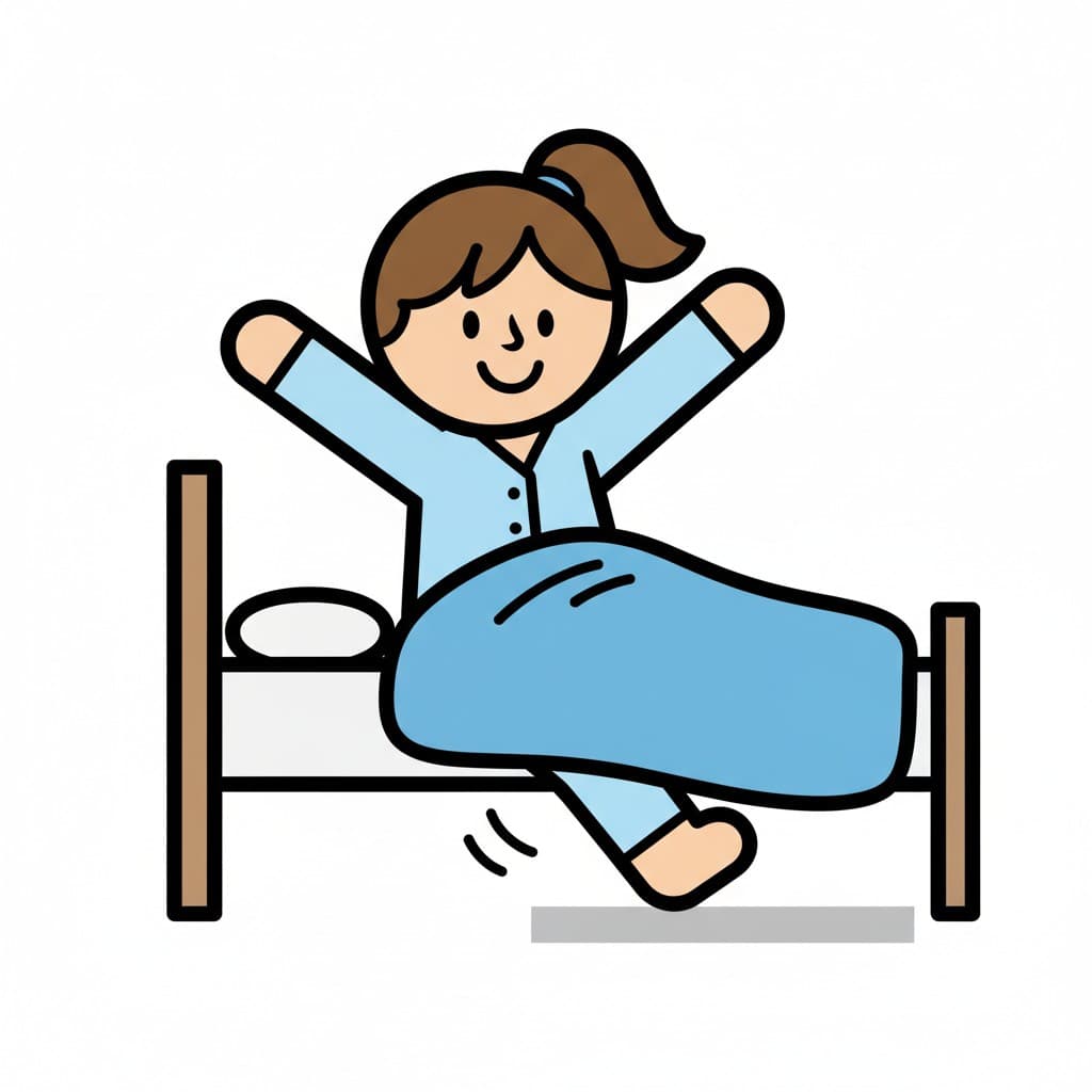 Ein Mädchen im hellblauen Schlafanzug streckt beide Arme zur Seite und schwingt die Beine aus dem Bett.