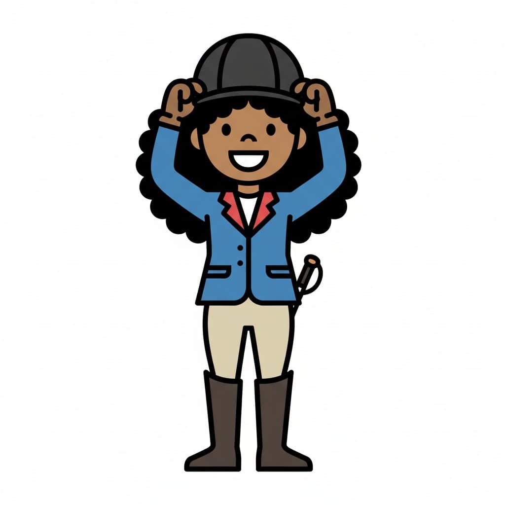 A happy person in riding clothes with a blue jacket and boots puts on a riding helmet.