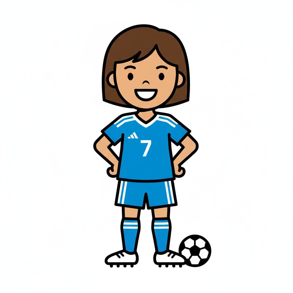 En jente står i en blå fotballuniform med en fotball.