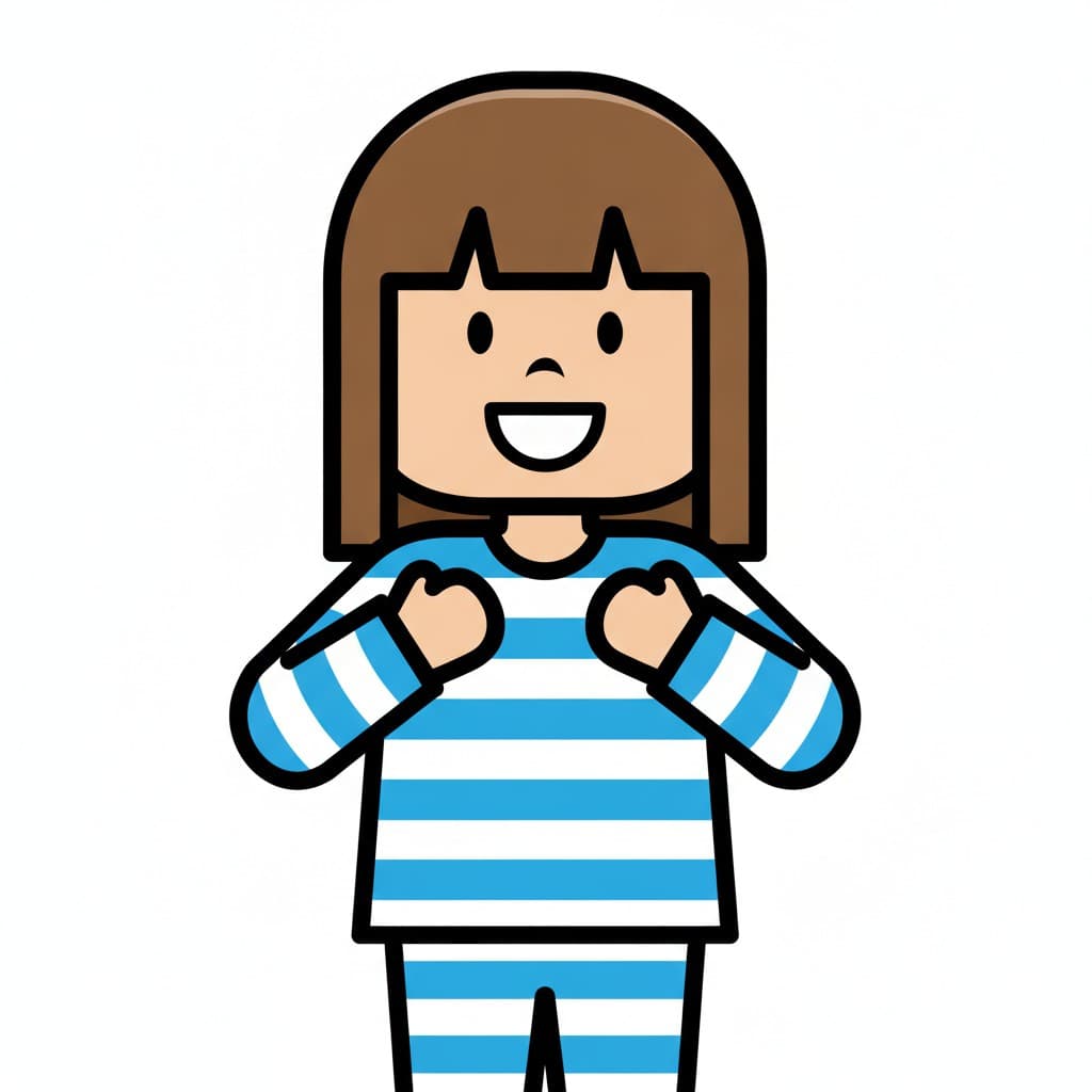 En smilende pige står i en blåstribet pyjamas med hænderne trukket glad op mod brystet.