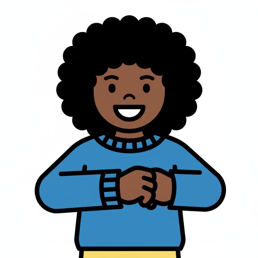 Girl wearing a blue sweater, smiling, with hands clasped in front.