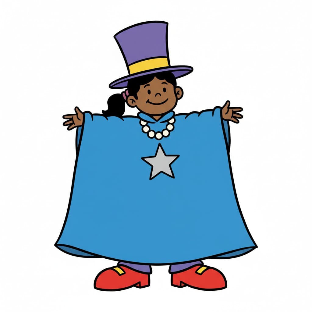 A girl stands in costume with a purple top hat, a blue cape with a silver star, a pearl necklace and big red shoes.