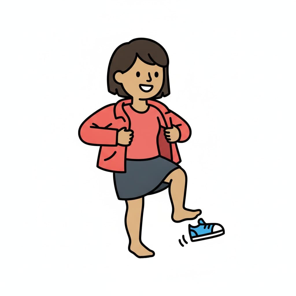 A girl in a jacket stands barefoot holding a pair of shoes in her hand.