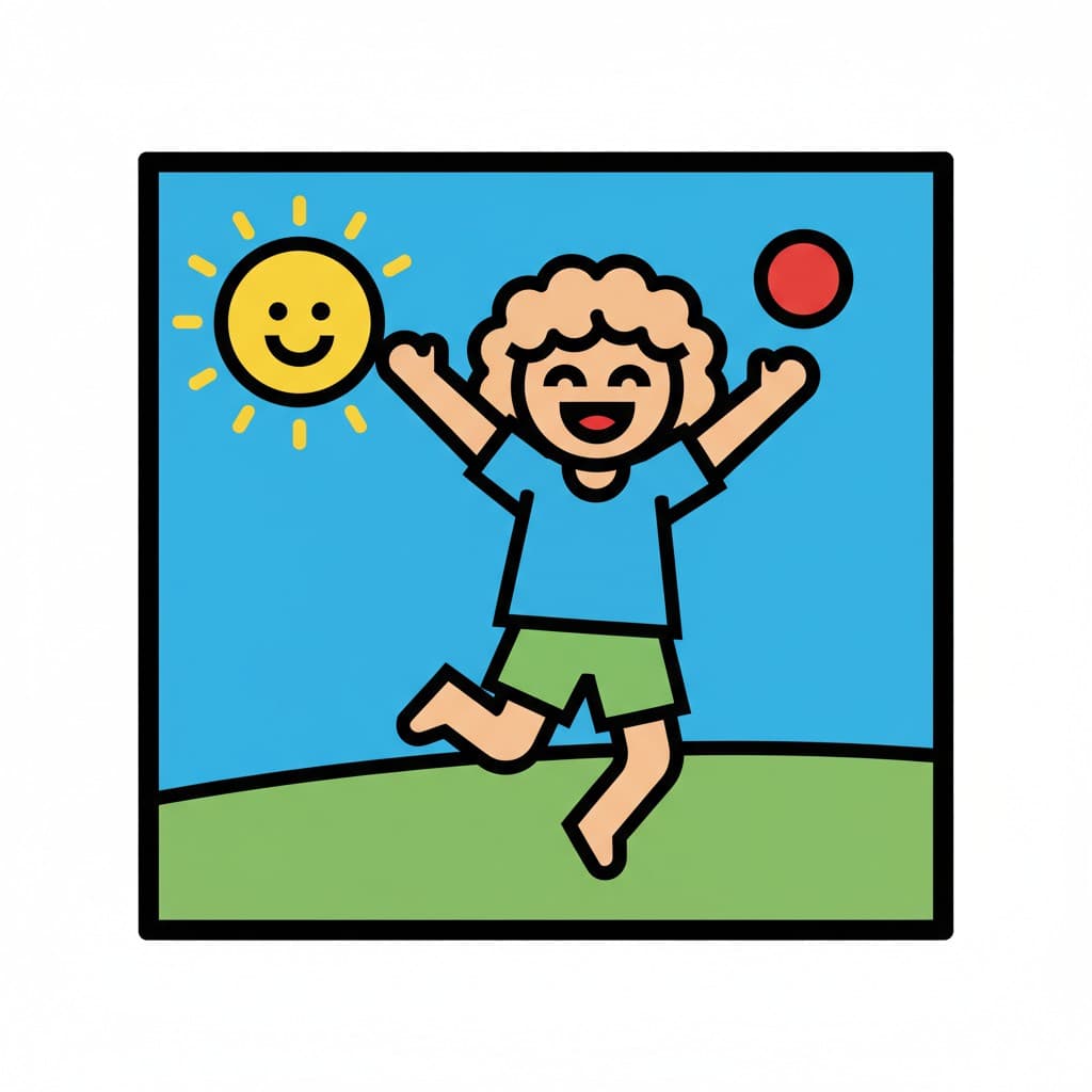 En glad pige hopper op i luften med en rød bold på en grøn bakke under en blå himmel med solen.