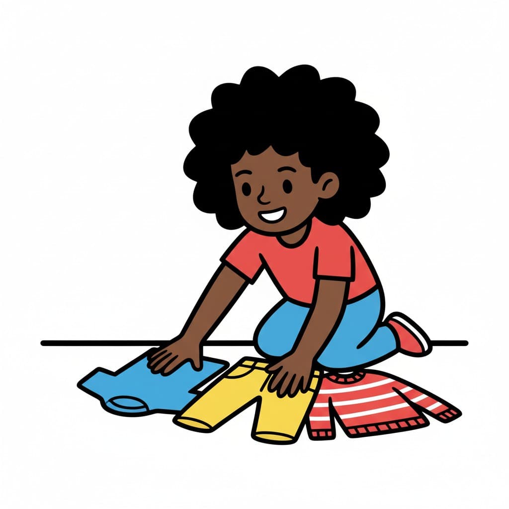 A girl sits on the floor, laying out different clothes.