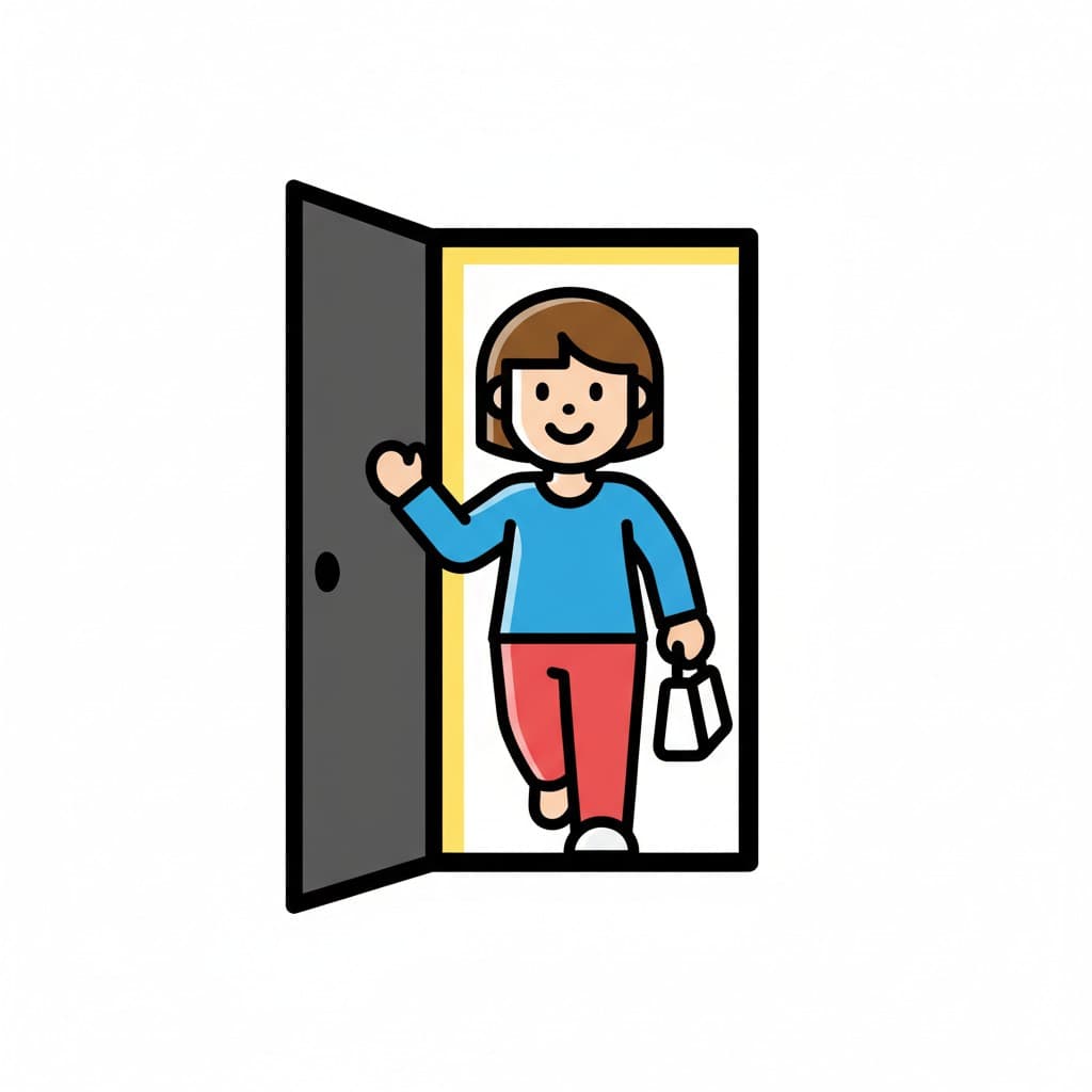 A person waves as they step out of an open doorway, holding a small bag.
