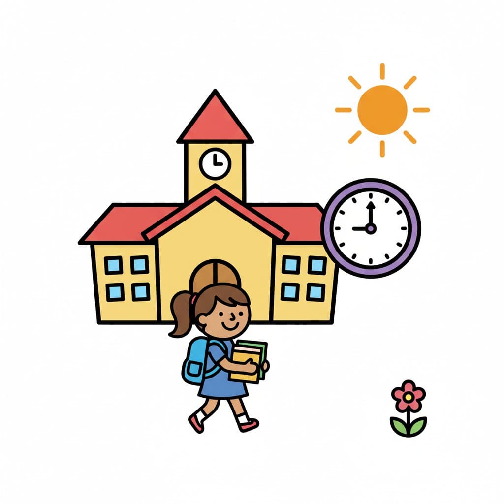 Ein Mädchen mit Rucksack und Büchern geht von einem Schulgebäude weg. Eine Uhr zeigt 15 Uhr, und die Sonne scheint, was den Nachmittag anzeigt.