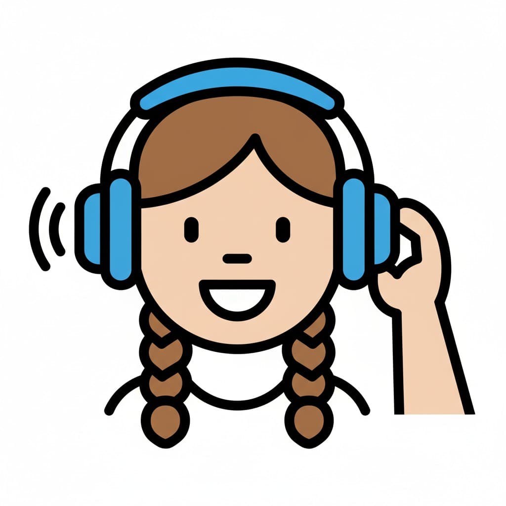 En flicka med flätor lyssnar på musik med hörlurar.