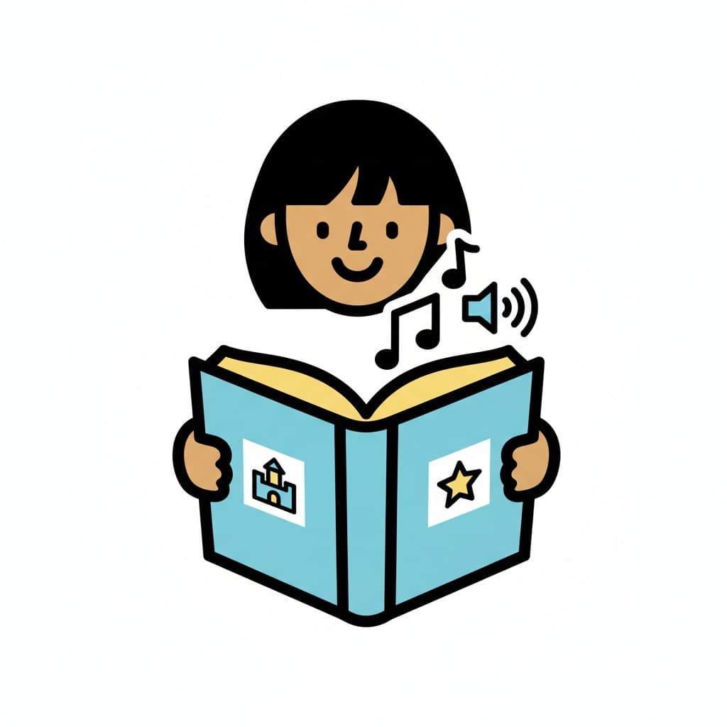 En illustration af en pige, der holder en åben bog, med musiknoter og et højttalerikon, der indikerer, at hun lytter til en historie.