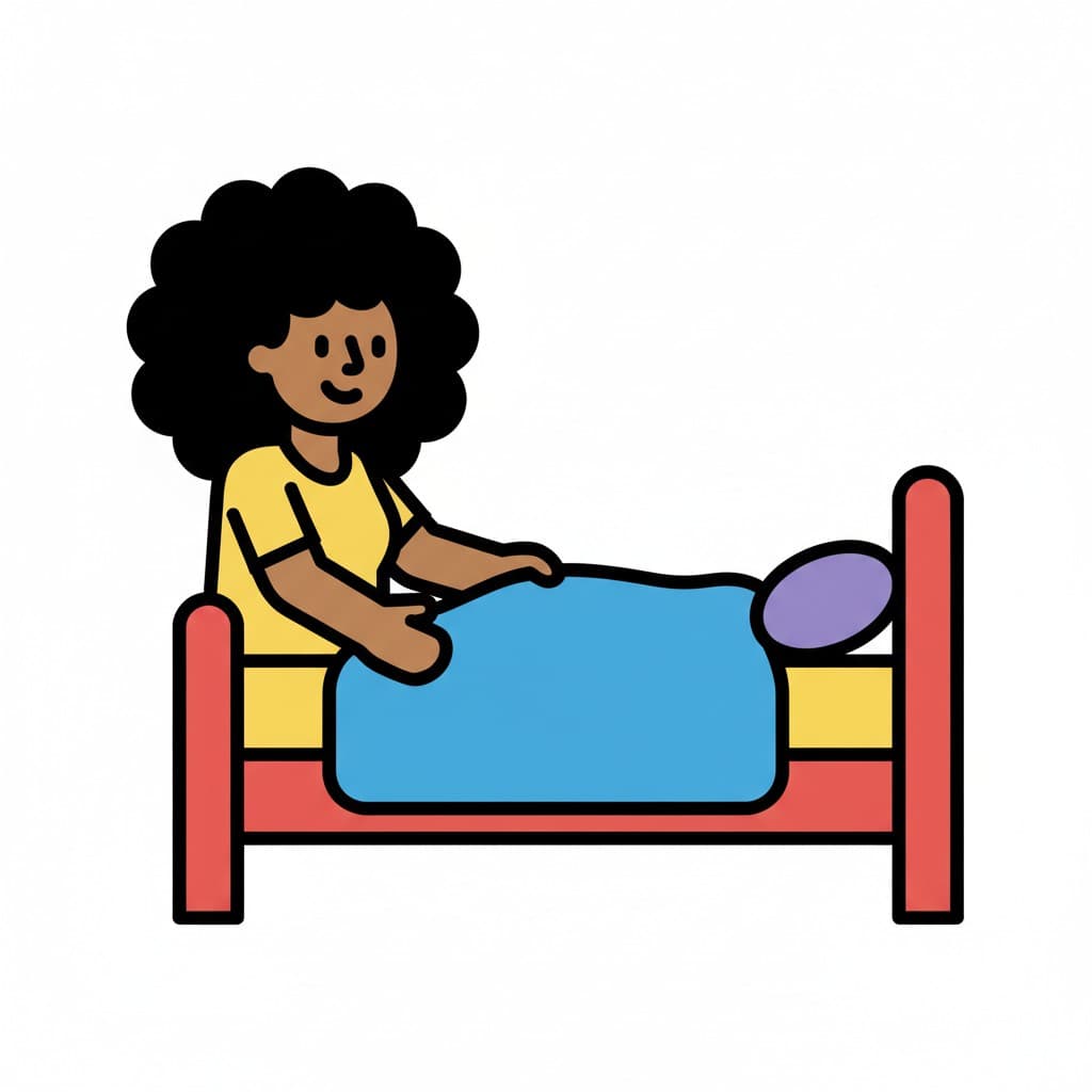 Tyttö, jolla on kiharat tummat hiukset, vetää sinistä peittoa punaisen sängyn päälle.