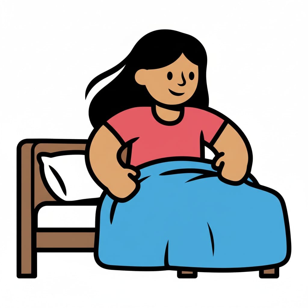 Tyttö, jolla on pitkät tummat hiukset, vetää sinistä peittoa sängyn päälle.