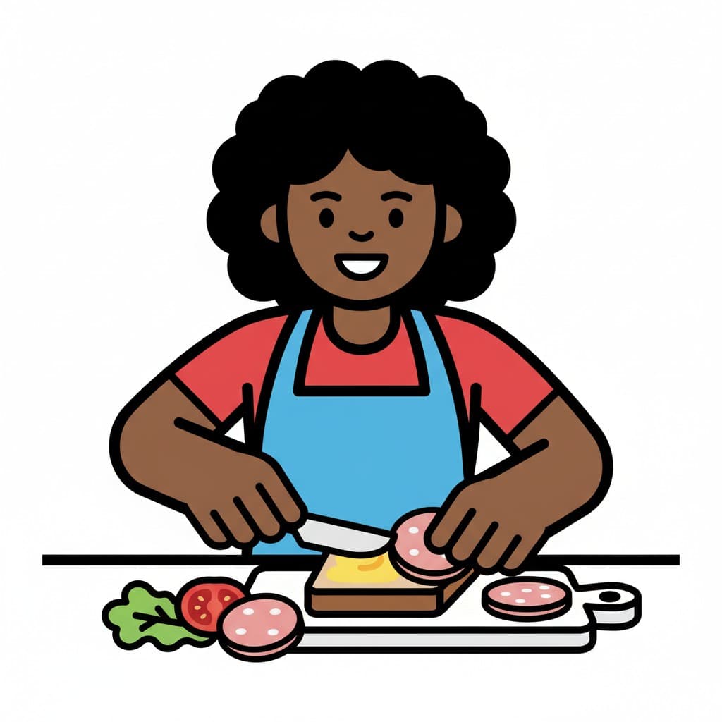 A person slicing sausage to make a sandwich, with lettuce and tomato on the cutting board.
