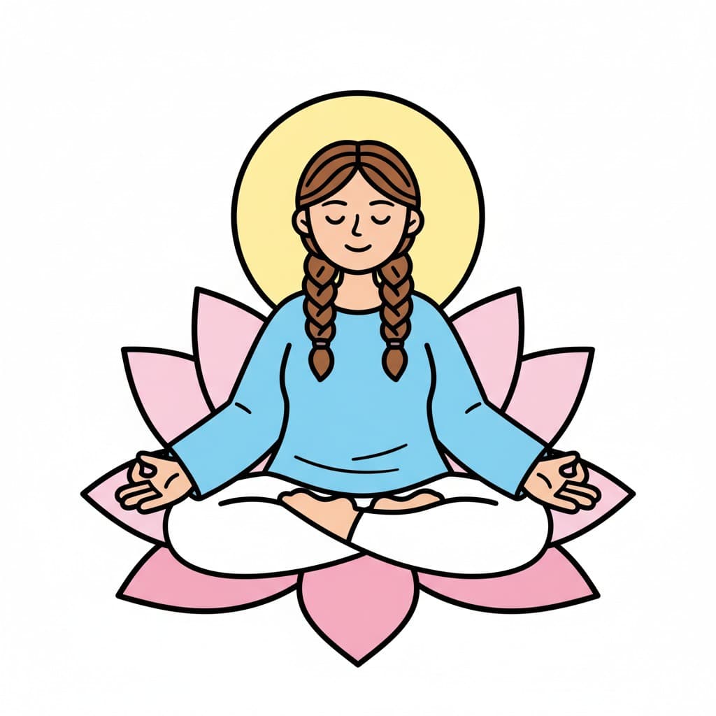 En person med flätor sitter i lotusställning på en rosa lotusblomma med slutna ögon och händerna i mudra, en gul cirkel bakom huvudet.