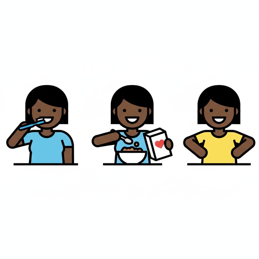 Tre paneler illustrerar en flickas morgonrutin. I den första panelen borstar hon tänderna. I den andra häller hon flingor i en skål. I den tredje står hon med händerna på höfterna.