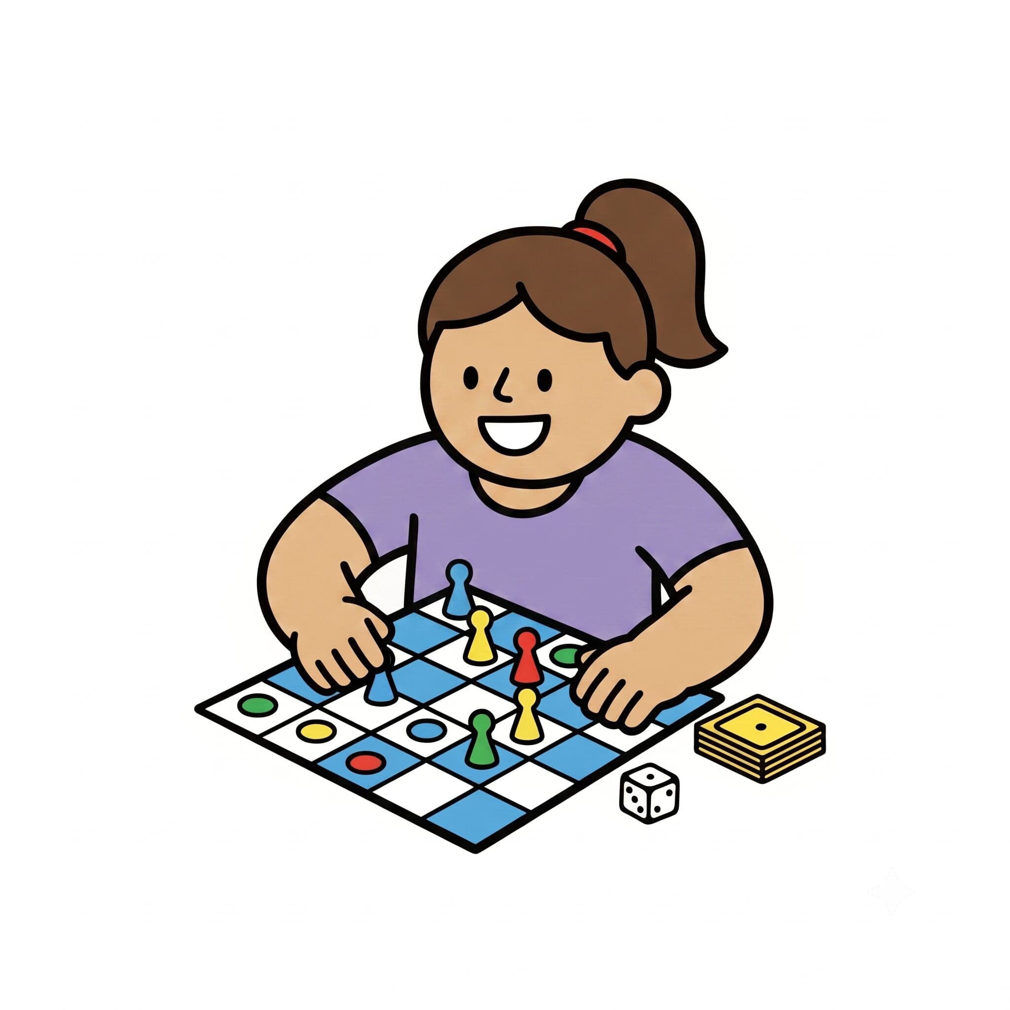 A girl leans over a board game moving a game piece with a die beside it.