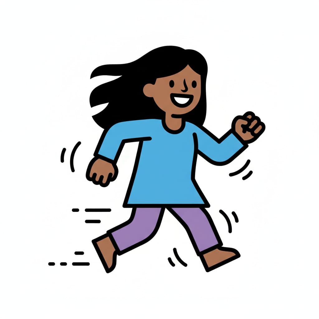 En tecknad flicka i en blå tröja och lila byxor som springer eller rör sig snabbt med armarna böjda och glada ansiktsuttryck. Rörelselinjer indikerar snabbhet.