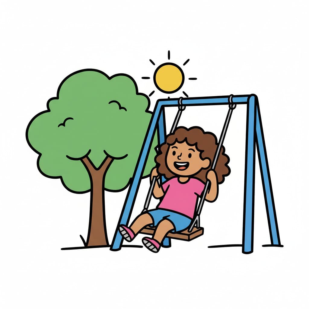 A happy girl on a swing in an outdoor setting with a tree and sun.