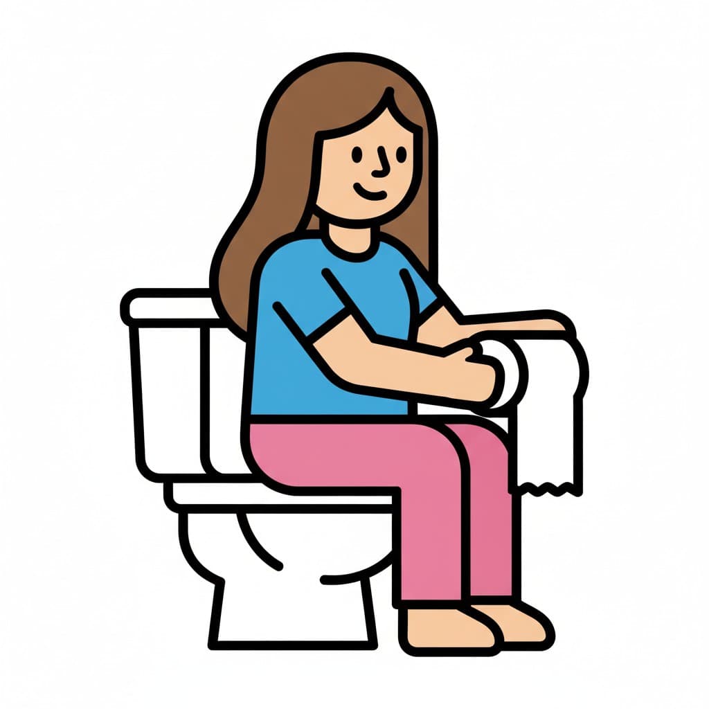 A girl sitting on the toilet holding toilet paper.