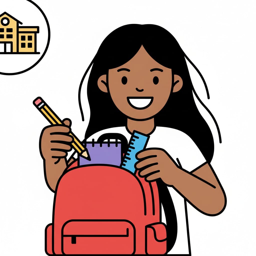 A girl is packing a red backpack with school supplies like a pencil and a ruler, with a school icon in the background.