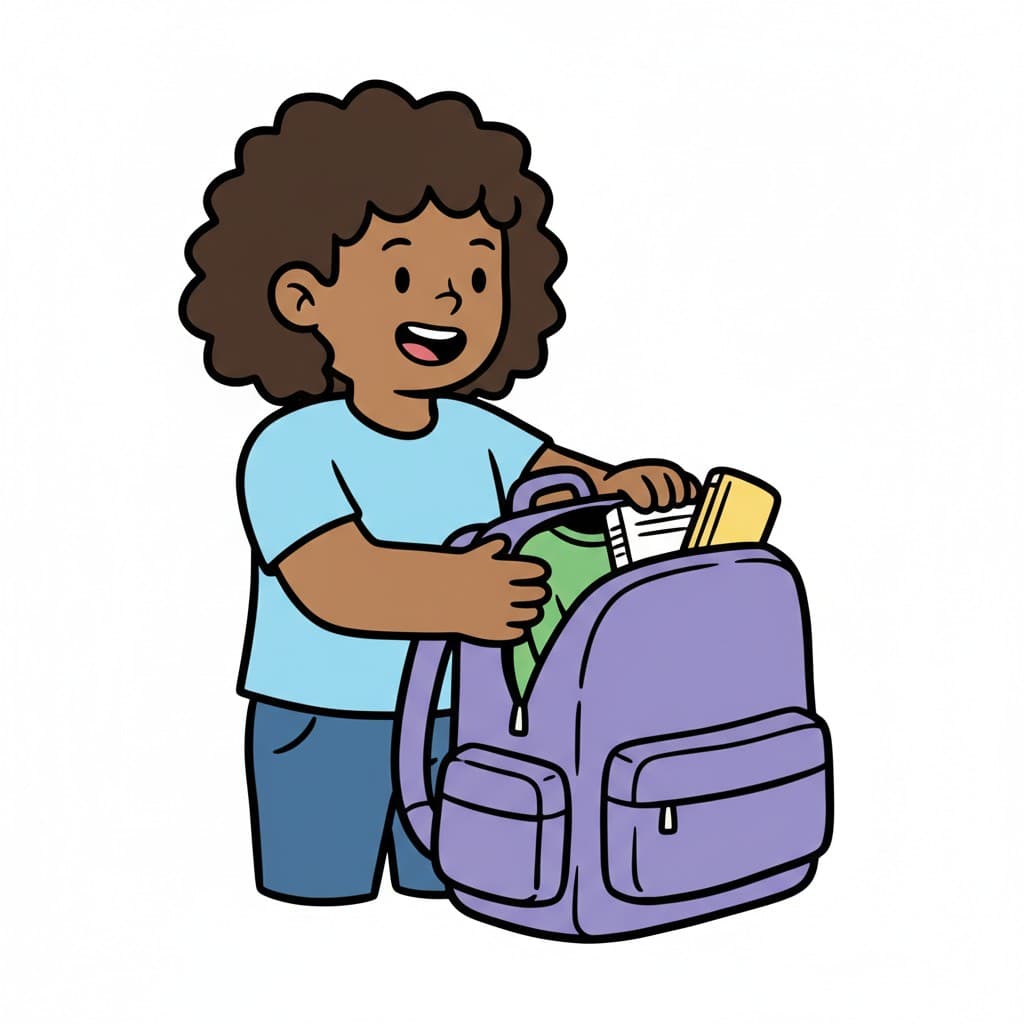 En person packar glatt en lila ryggsäck med olika föremål.