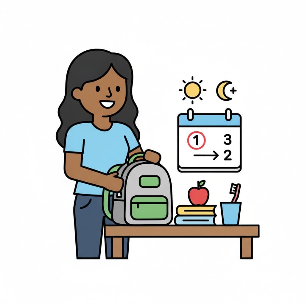 A girl packs a backpack next to a calendar and items for the next day.