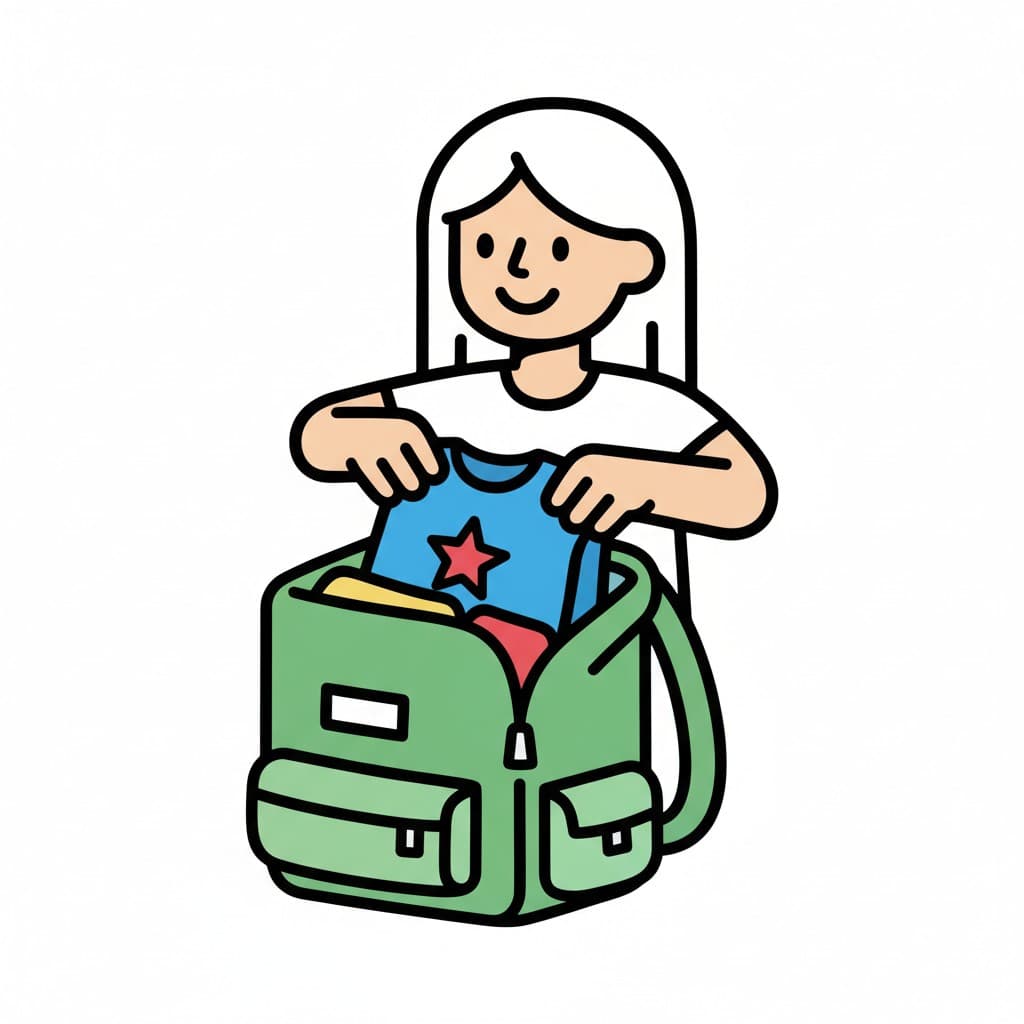 A girl is packing a blue shirt with a red star into a green bag.