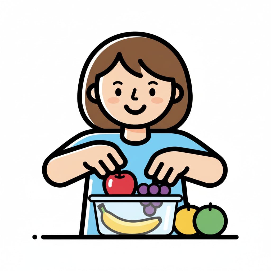 En smilende pige pakker frugt i en klar beholder. Hun holder et æble i den ene hånd, og der er druer, en banan og andre frugter i og omkring beholderen.