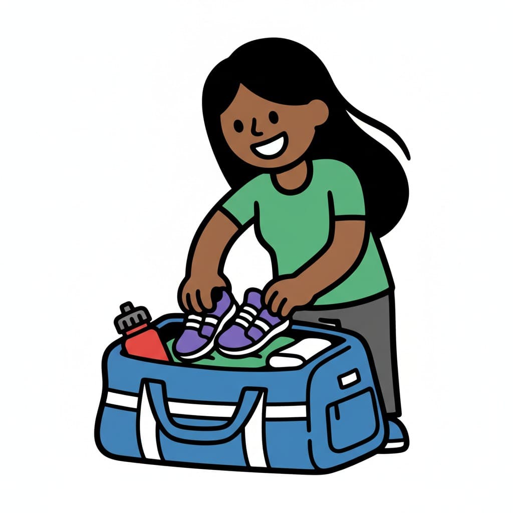A girl packing her blue gym bag with purple sneakers, a red water bottle, and a white towel.
