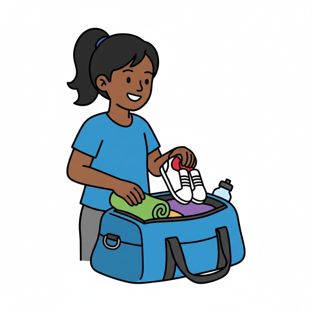 A girl with a ponytail packing her blue gym bag with a green towel, purple clothes, white sneakers, and a black water bottle.