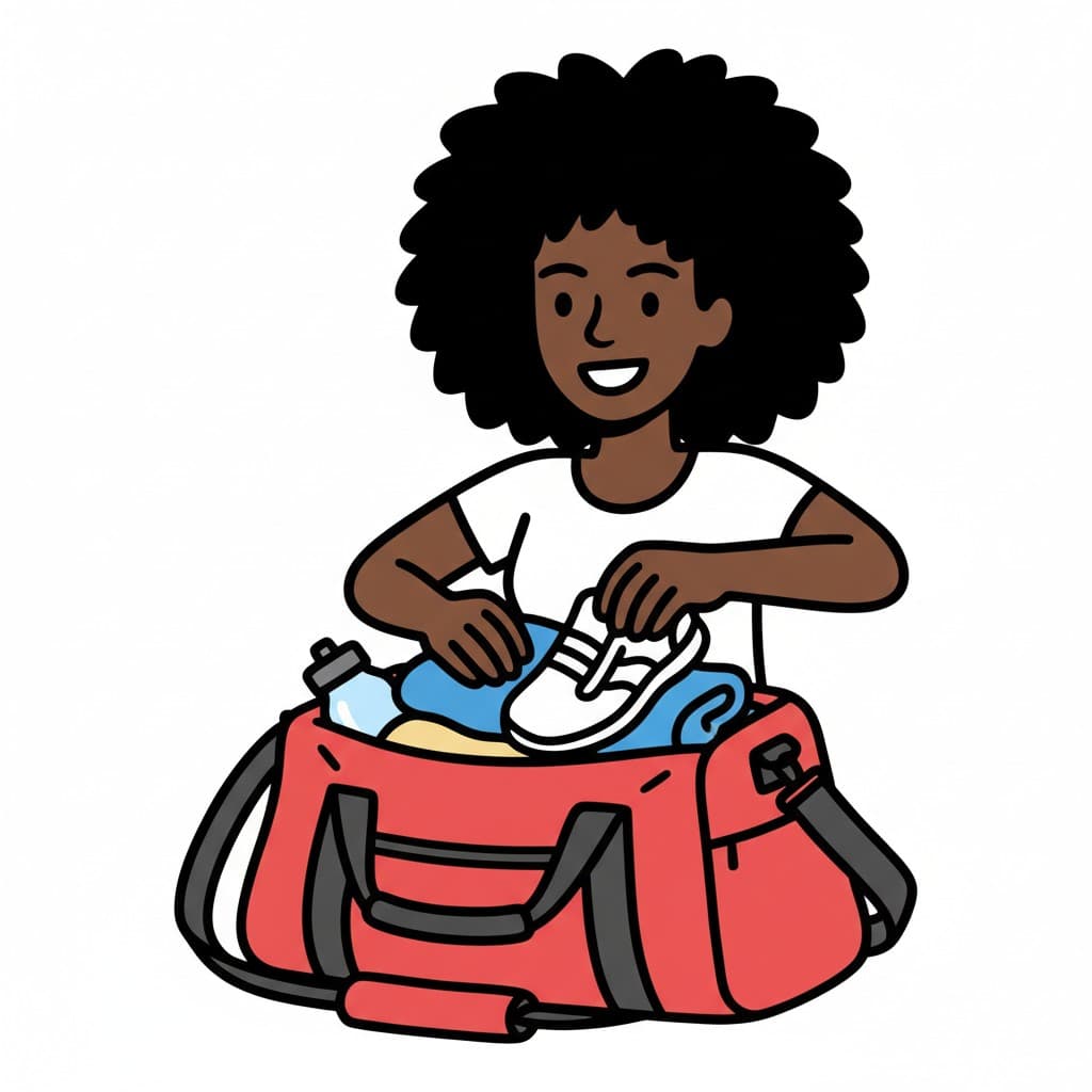 A girl packing her red gym bag with white sneakers, a blue towel, and a water bottle.