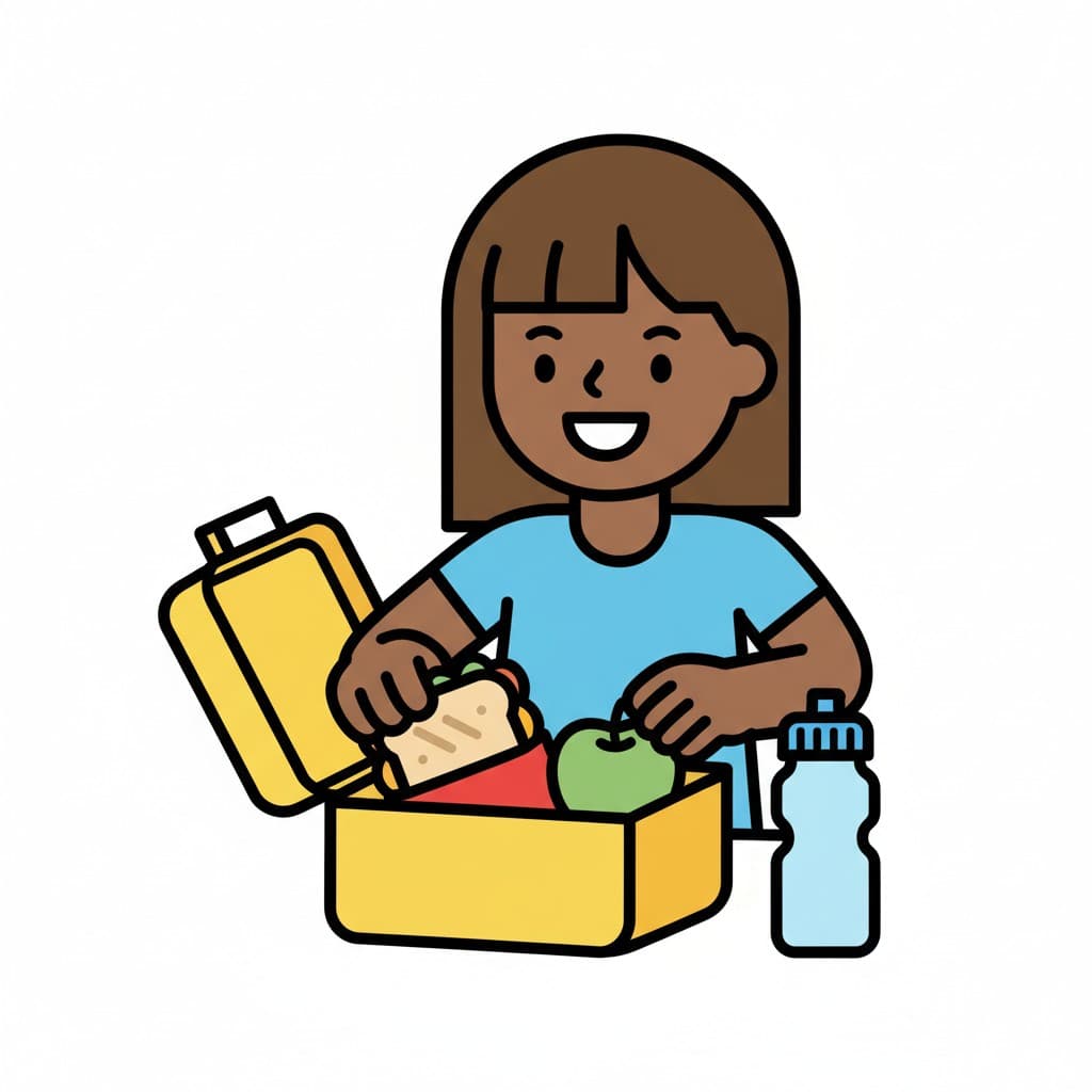 A girl is packing a lunchbox with a sandwich, an apple, and a water bottle.