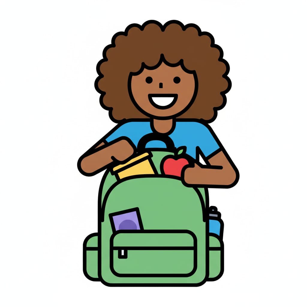A girl packing an apple and a yellow container into a green backpack.