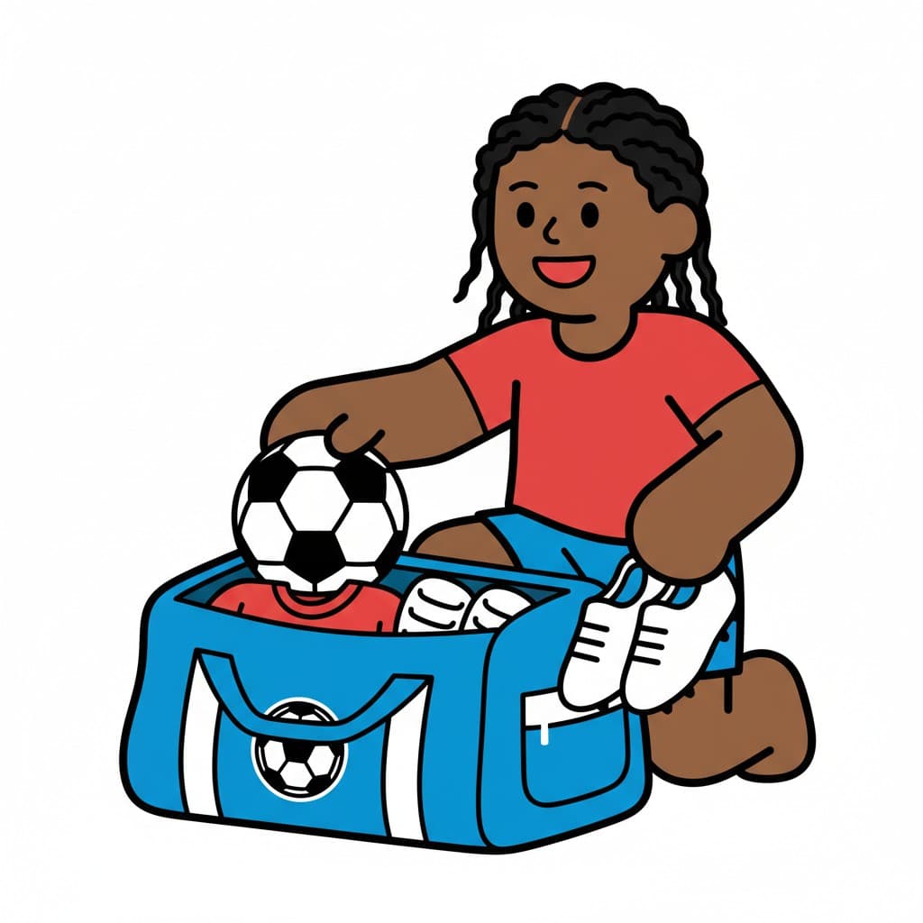 A person packs a soccer bag with a soccer ball, clothes, and shoes.