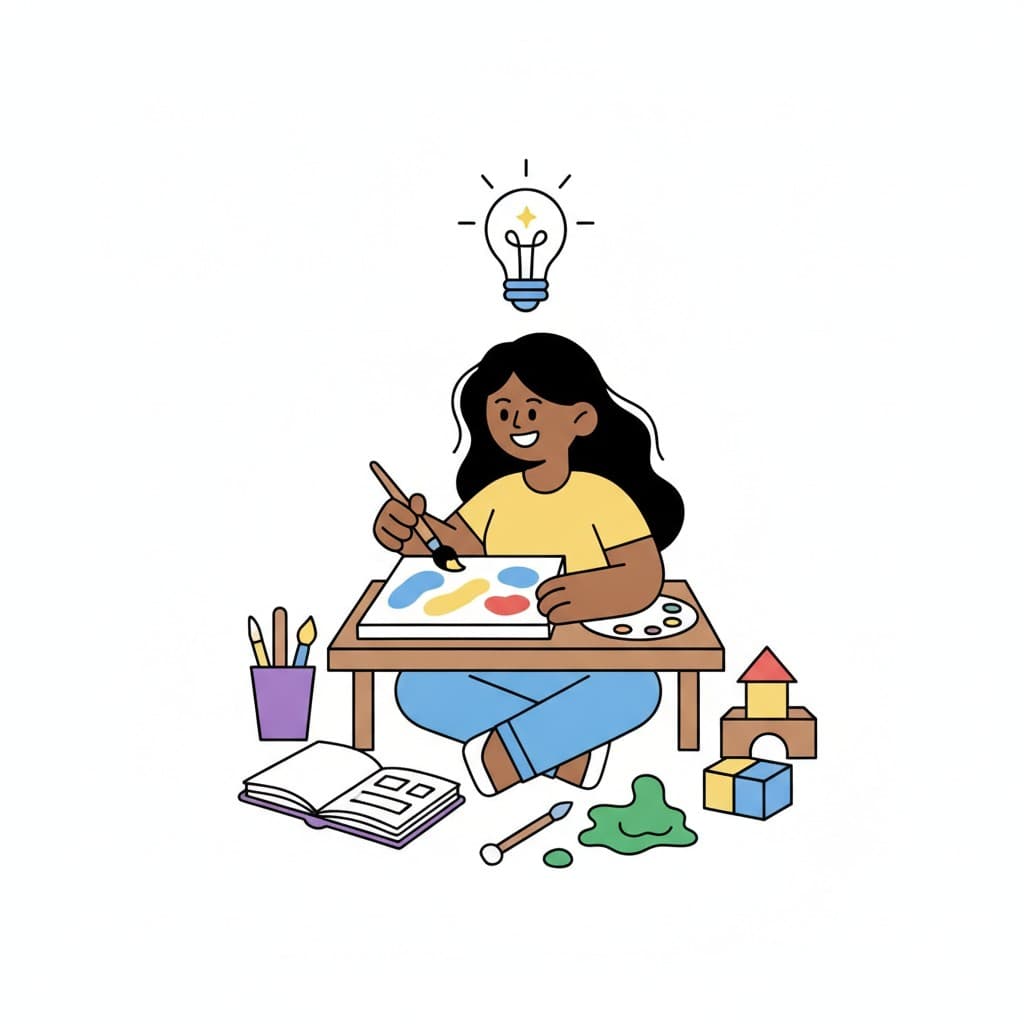 A girl sits at a small table and paints with a brush among craft supplies and blocks.