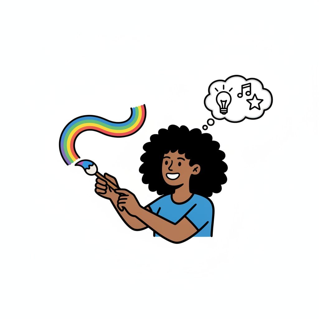 Ein Mädchen malt mit einem Pinsel einen Regenbogen und hat eine Gedankenblase mit Ideen.