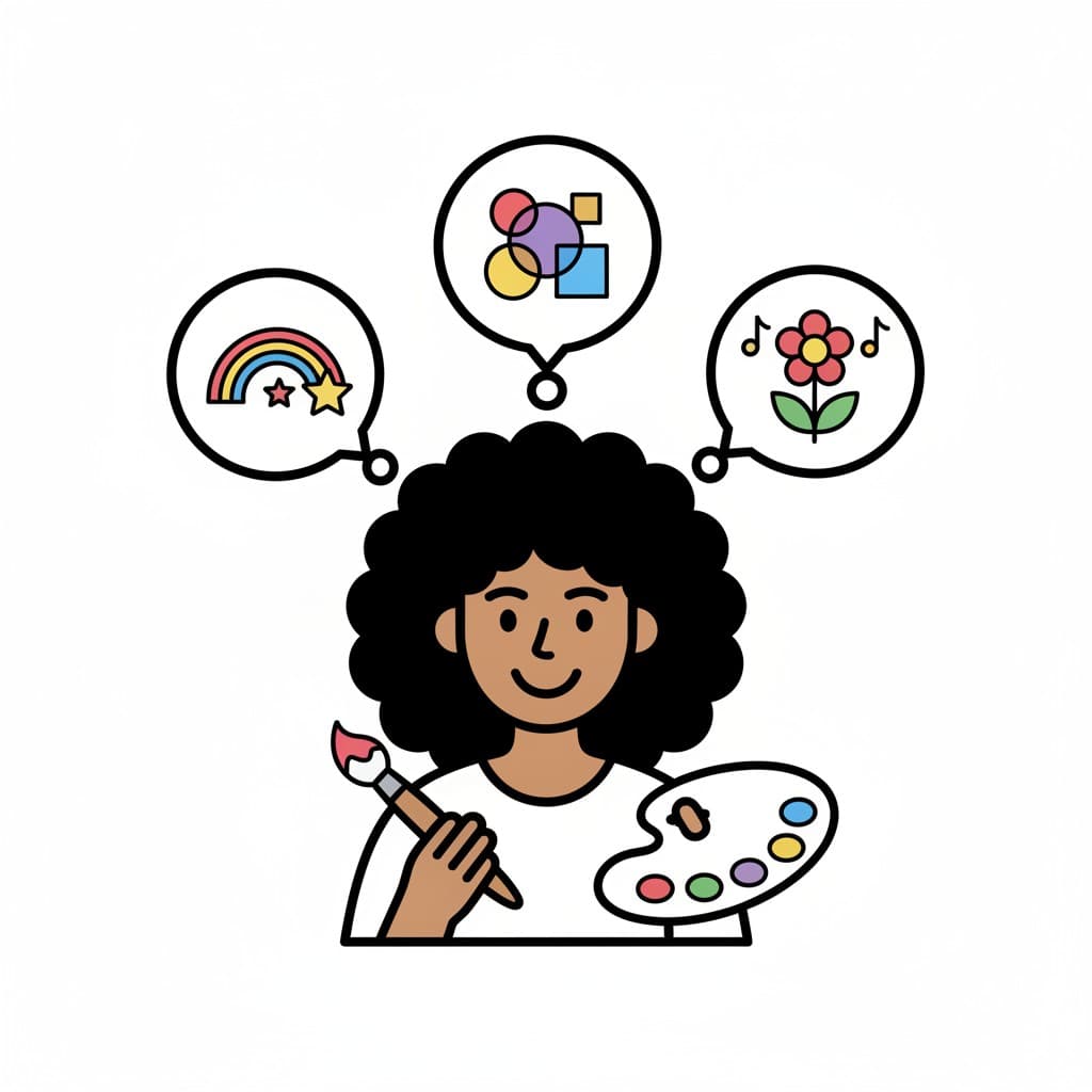 Ein Mädchen mit Palette und Pinsel denkt an Regenbogen, Formen und Blumen.