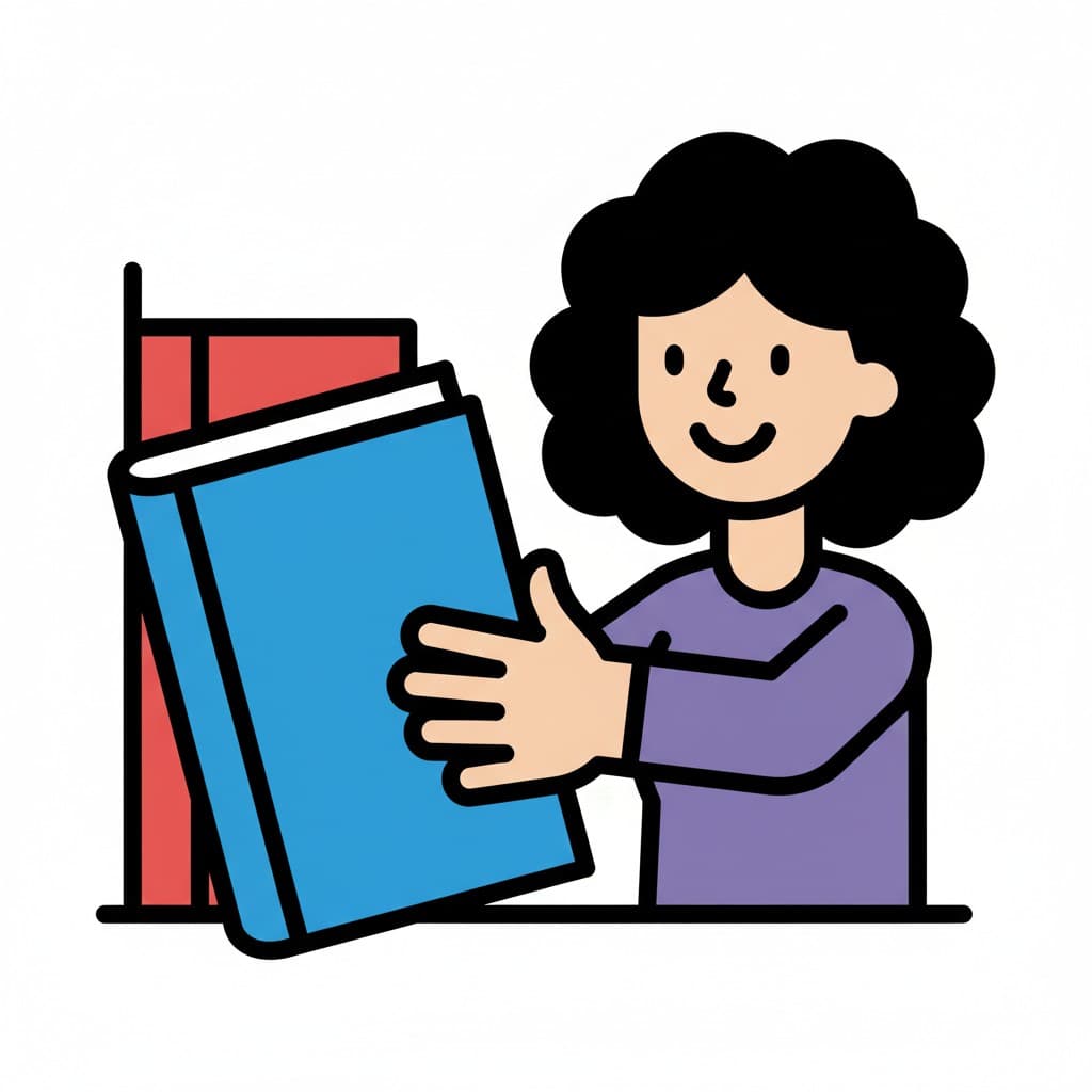 A person is selecting a blue book from a stack of books.