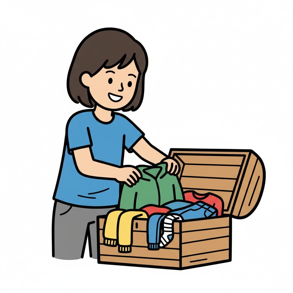 A person is taking clothes from an open wooden chest filled with various garments.