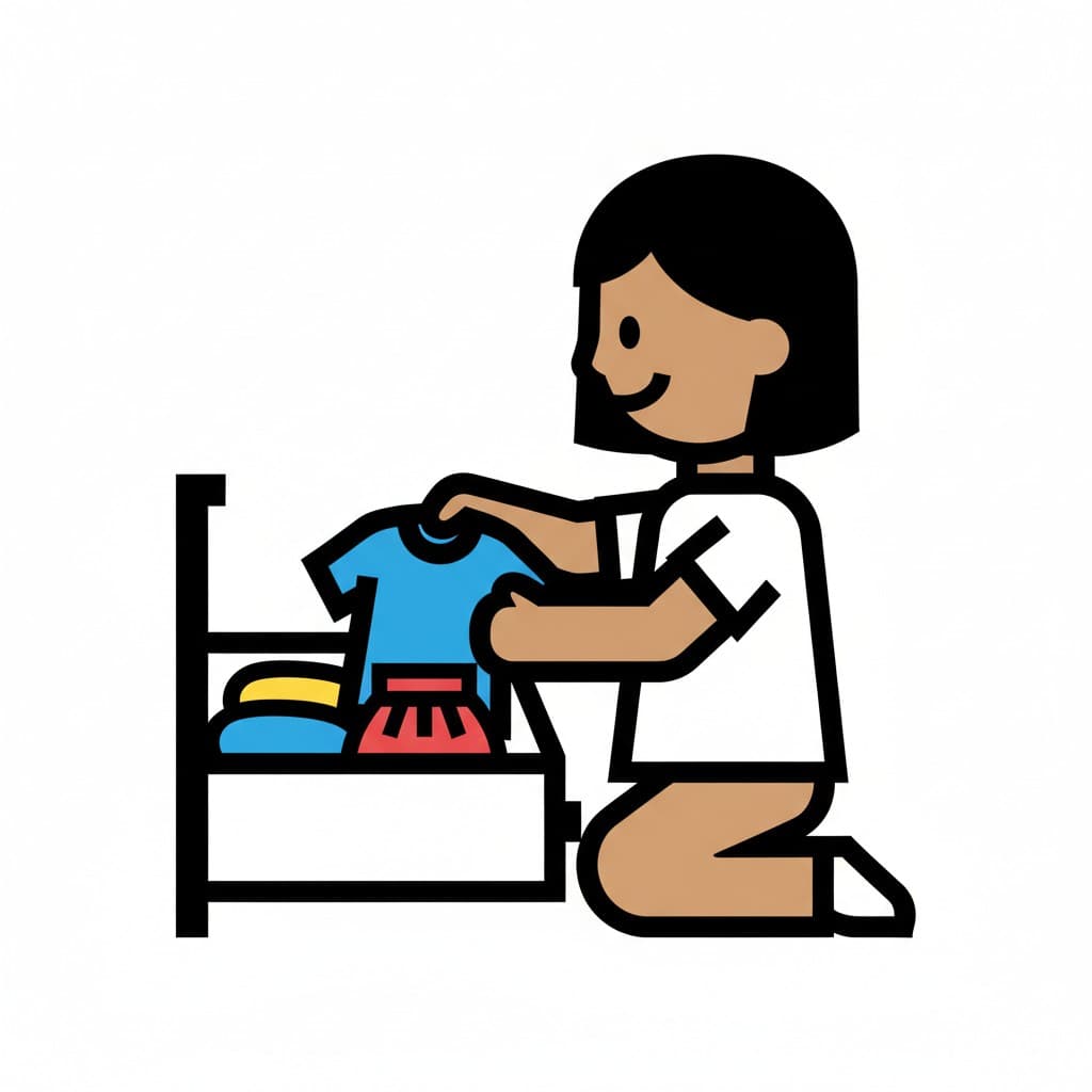 A girl kneeling and choosing a blue top from an open drawer filled with clothes.