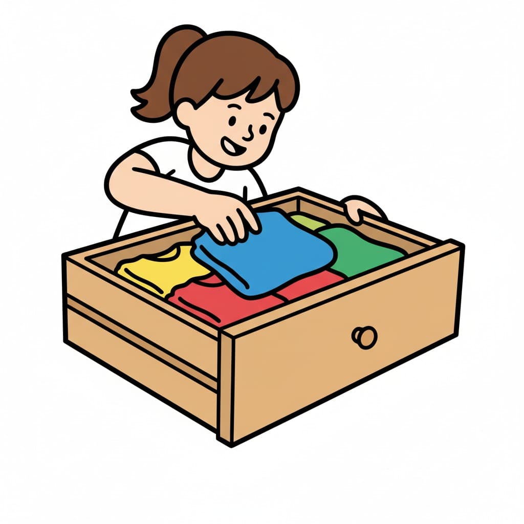 A person picking a blue folded garment from a dresser drawer filled with clothes.