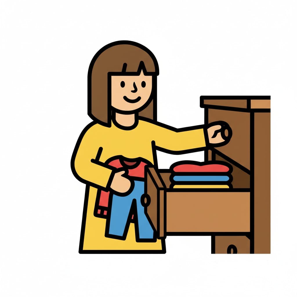 A person is taking clothes from an open dresser drawer with folded garments inside.