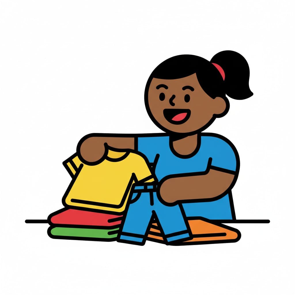 A person picking a yellow t-shirt from a stack of colorful folded clothes.
