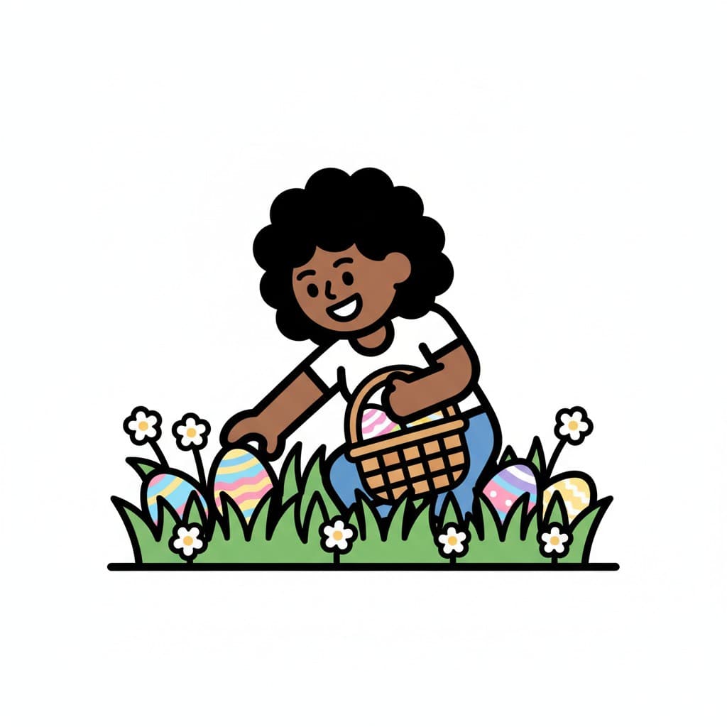 En flicka sitter på knä och plockar upp ett färgglatt påskägg från gräset med små blommor. Hon håller en korg.