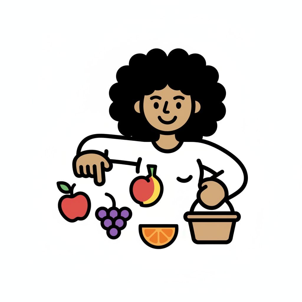 A girl chooses fruit and places it into a basket.