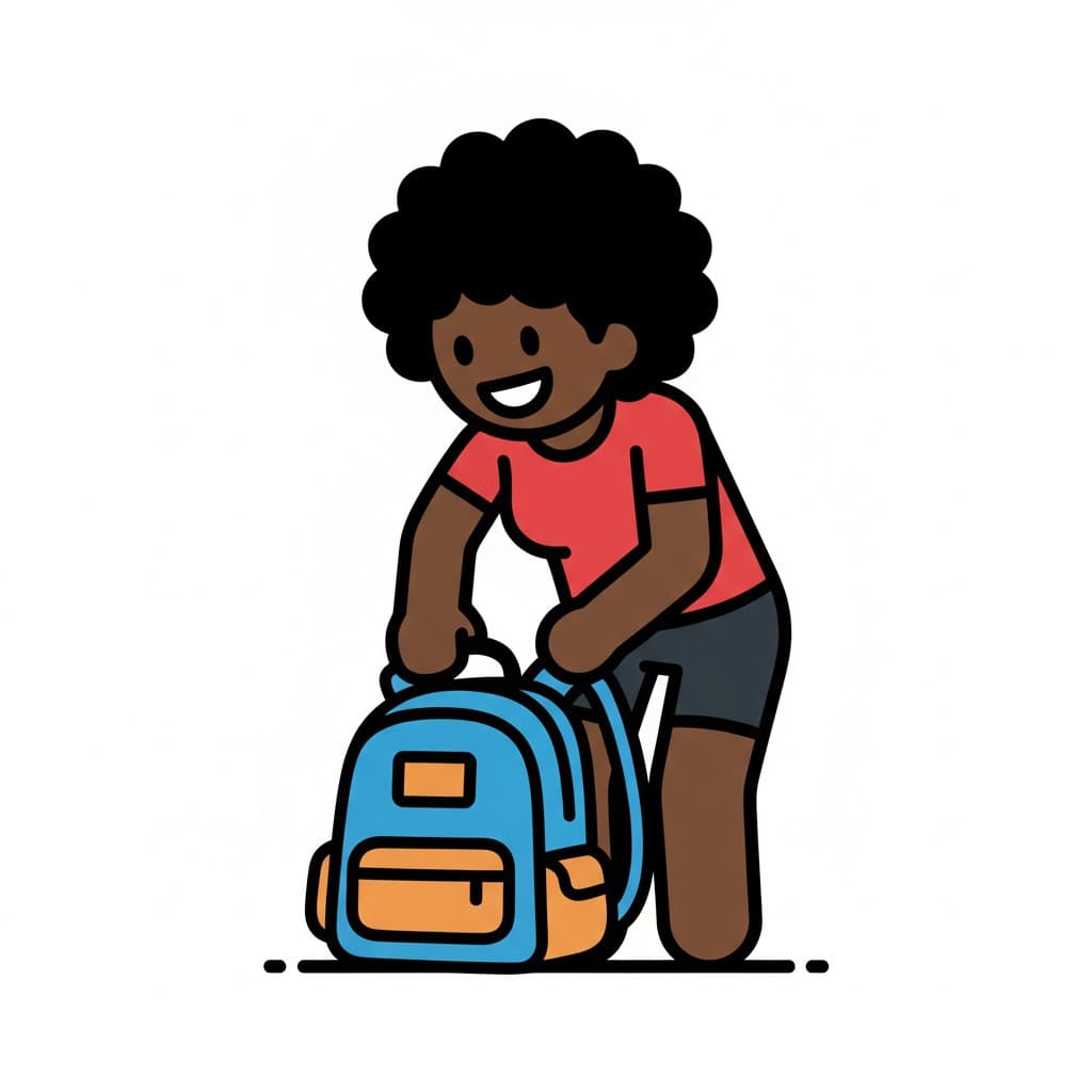 Ein Mädchen bückt sich, um einen blauen und orangefarbenen Rucksack vom Boden aufzuheben.